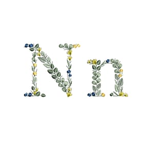 Diseño de bordado a máquina letra N pequeña mayúscula y minúscula monograma motivo botánico Letras con hojas Matriz iniciales