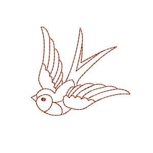 May include: A line drawing of a brown swallow bird in flight. The bird is stylized with a simple design and is facing to the right.