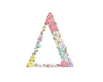 Può includere: Design a triangolo floreale ricamato con rose rosa, margherite bianche, fiori gialli e blu e foglie verdi. Il design è ambientato su uno sfondo bianco, mostrando un delicato e colorato tema botanico.