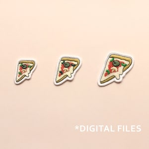 May include: Three embroidered iron-on patches of pizza slices in different sizes. The patches are white with red, green, and brown embroidery.