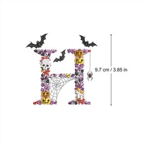 Machine embroidery Halloween Letter H bats and skulls 4x4 hoop botanical Autumn Spooky Fall pumpkin candle Ricamo Broderie Stickdatei