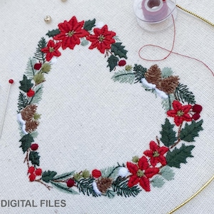 Boże Narodzenie serce projekt haftu maszynowego 10 cm/4X4 tamborek boże narodzenie Broderie Noël Weihnachten Herz Stickdatei Ricamo Natale Poinsettia szyszka