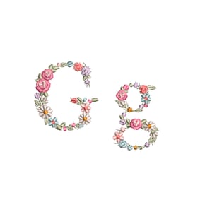 Diseño de bordado a máquina letra G pequeña mayúscula y minúscula Bordado digital monograma floral Letras de flores matriz de bordado