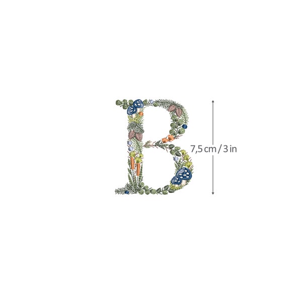 Machine embroidery LETTER B Uppercase 3"/7,5 cm Forest Font Woodland Leaves, Mushroom, Cattail and Pine cones Ricamo Broderie Stickdatei