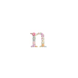 May include: The letter "n" is formed with colorful embroidered flowers. The flowers are pink, blue, yellow, and white.