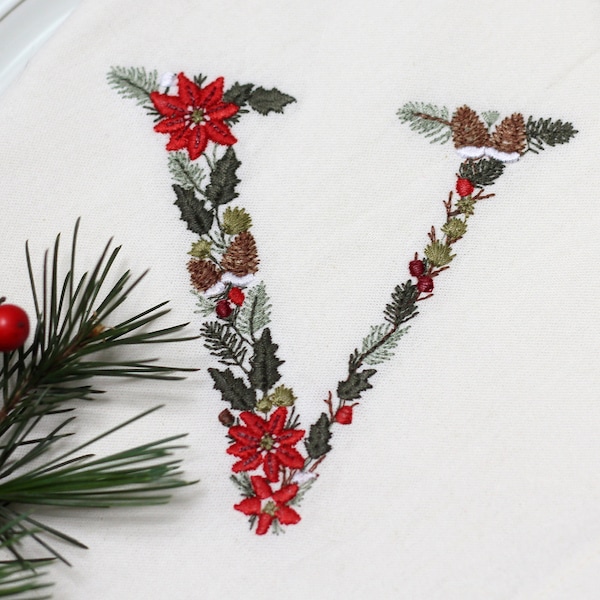 Machine embroidery Christmas Letter V 4x4 hoop Xmas Festive Monogram Broderie Noël Weihnachten Stickdatei Ricamo Natale Poinsettia Pine cone