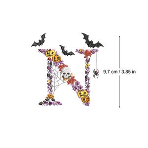 Machine embroidery Halloween Letter N bats and skulls 4x4 hoop botanical Autumn Spooky Fall pumpkin candle Ricamo Broderie Stickdatei