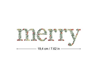 Stickdatei MERRY 20 cm botanische Buchstaben Zierliche Blätter Heirloom Xmas Repositionierbarer Rahmen Stickdatei Broderie