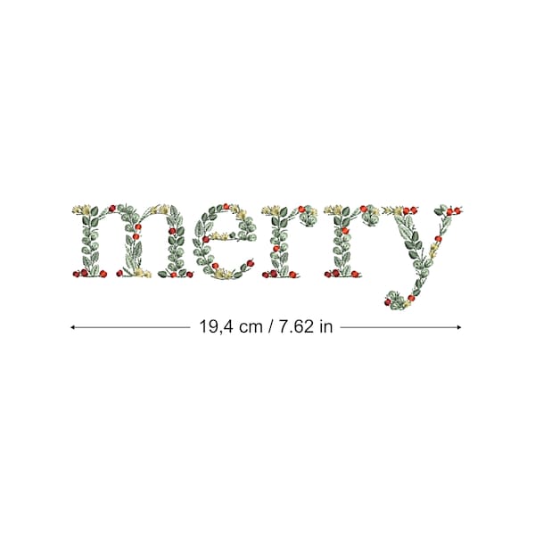 ミシン刺繍デザイン MERRY 8インチ 20cm 植物文字 繊細な葉 家宝のクリスマス 位置調整可能なフープ 5x12インチ スティックデータ 刺繍機