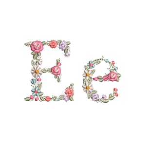 Diseño de bordado a máquina letra E pequeña mayúscula y minúscula Bordado digital monograma floral Letras de flores matriz de bordado