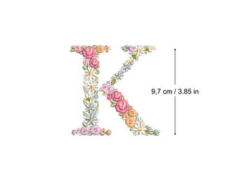 Diseño de bordado a máquina letra K 9,6 cm de alto Bordado digital monograma floral Letras de flores matriz de bordado