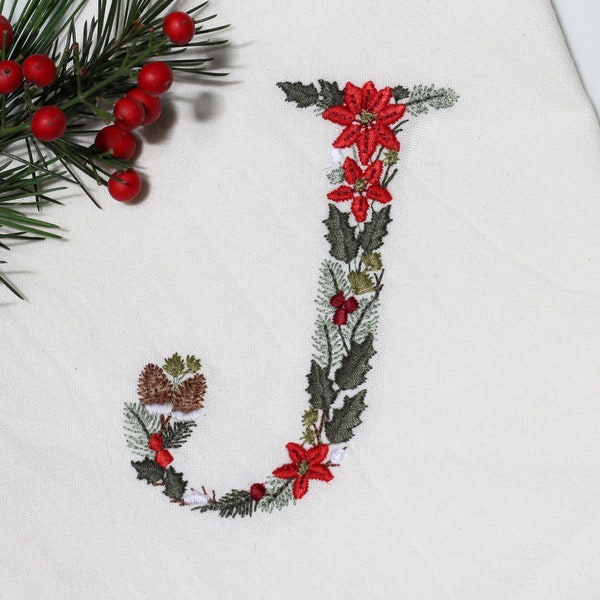 Machine embroidery Christmas Letter J 4x4 hoop Xmas Festive Monogram Broderie Noël Weihnachten Stickdatei Ricamo Natale Poinsettia Pine cone