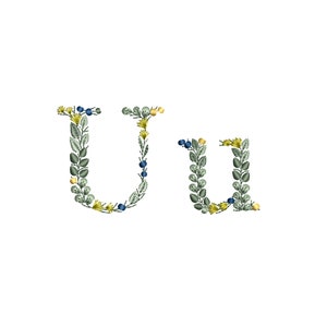 Maschinenstickdatei Kleiner Buchstabe U mit Blättern Zierliches botanisches Monogramm Buchstaben Stickdatei Ricamo lettera Foglie Broderie feuilles