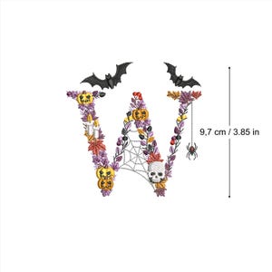 Machine embroidery Halloween Letter W bats and skulls 4x4 hoop botanical Autumn Spooky Fall pumpkin candle Ricamo Broderie Stickdatei