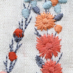Pode incluir: Close-up de um tecido bordado com um desenho floral. As flores s&atilde;o em tons de laranja e vermelho, com folhas e caules cinzentos.