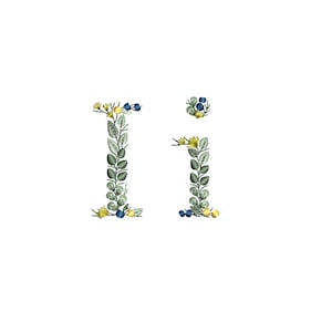 Maschinenstickdatei Kleiner Buchstabe I mit Blättern Zierliches botanisches Monogramm Buchstaben Stickdatei Ricamo lettera Foglie Broderie feuilles