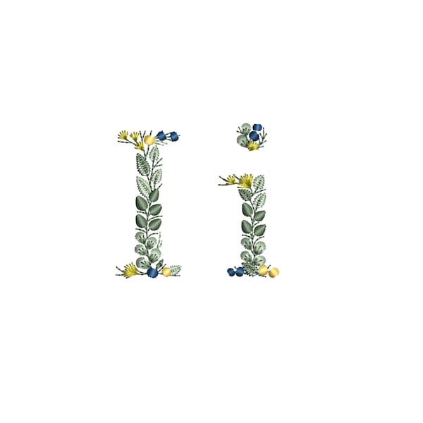 Machine embroidery design Small letter I with leaves Dainty botanical monogram Buchstaben Stickdatei Ricamo lettera foglie Broderie feuilles