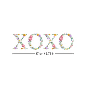 May include: Floral embroidery design of the word "XOXO" in pastel colors, measuring 6.76 inches wide.