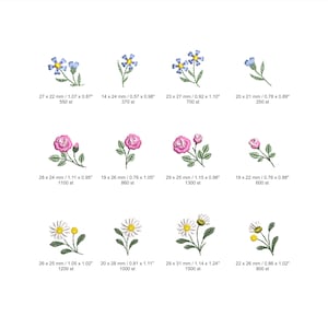 May include: A collection of floral embroidery designs featuring blue, pink, and white flowers with green stems and leaves. Each design includes measurements in inches and the number of stitches. The designs include daisies, roses, and other small flowers.