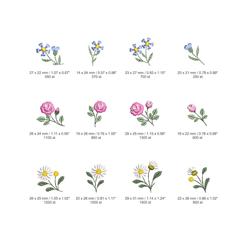 May include: A collection of floral embroidery designs featuring blue, pink, and white flowers with green stems and leaves. Each design includes measurements in inches and the number of stitches. The designs include daisies, roses, and other small flowers.