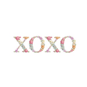 May include: The word "XOXO" spelled out in colorful embroidered flowers. The flowers are pink, orange, yellow, blue, and white.