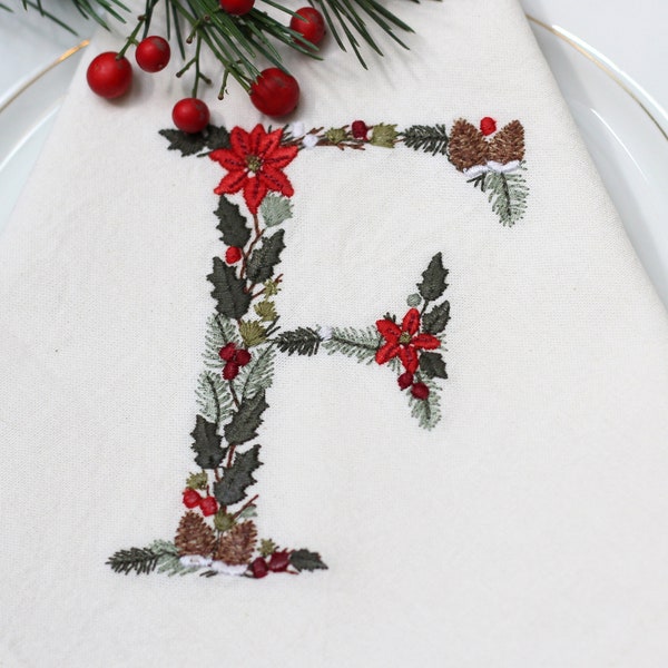 Machine embroidery Christmas Letter F 4x4 hoop Xmas Festive Monogram Broderie Noël Weihnachten Stickdatei Ricamo Natale Poinsettia Pine cone