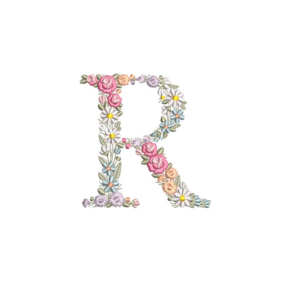 Machine embroidery  LETTER R Uppercase 10cm / 4" tall dainty floral font Heirloom  Monogram  Broderie machine-Stickdatei-Ricamo macchina