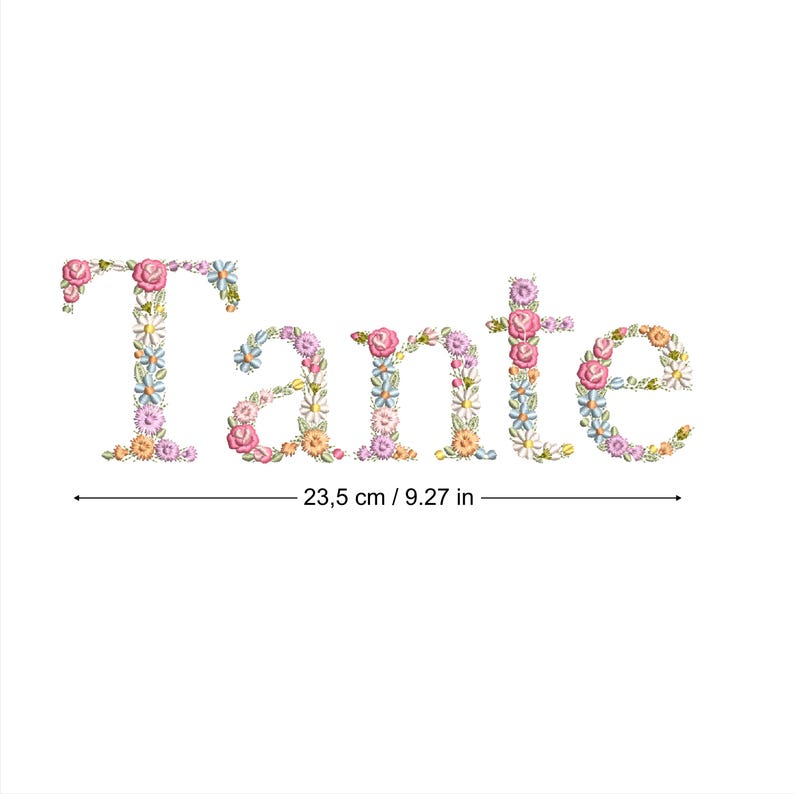 Machine Embroidery Design TANTE 10/25cm LARGE HOOP Floral Letters