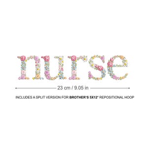 Machine embroidery design NURSE in floral letters 10" HOOP Dainty flower Heirloom Girl Stickdatei  Broderie machine Ricamo macchina bordado
