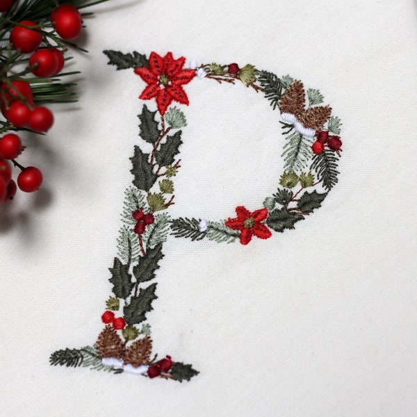 Machine embroidery Christmas Letter P 4x4 hoop Xmas Festive Monogram Broderie Noël Weihnachten Stickdatei Ricamo Natale Poinsettia Pine cone