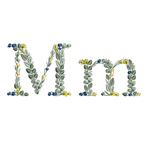 Desenho de bordado à máquina Letra pequena M com folhas Monograma botânico delicado Buchstaben Stickdatei Ricamo lettera foglie Broderie feuilles