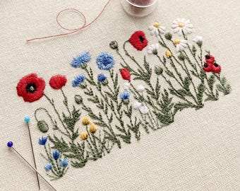 Machineborduurwerk 2 x 4" sierlijke weide mini wilde bloemenrand klaproos madeliefje korenbloem Wildblumen Stickdatei Broderie fleurs ricamo fiori