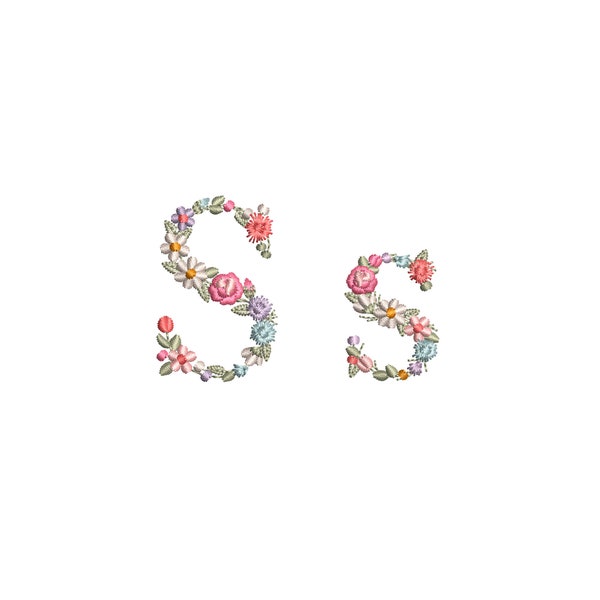 Machine embroidery design Small floral letter S uppercase and lowercase Dainty flower font  Flower heirloom monogram  Letter V with flowers