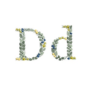 Desenho de bordado à máquina Letra pequena D com folhas Monograma botânico delicado Buchstaben Stickdatei Ricamo lettera foglie Broderie feuilles