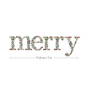 Desenho de bordado à máquina MERRY em letras botânicas 7" Folhas delicadas Heirloom Christmas Stickdatei Broderie machine Ricamo macchina