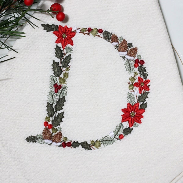 Machine embroidery Christmas Letter D 4x4 hoop Xmas Festive Monogram Broderie Noël Weihnachten Stickdatei Ricamo Natale Poinsettia Pine cone