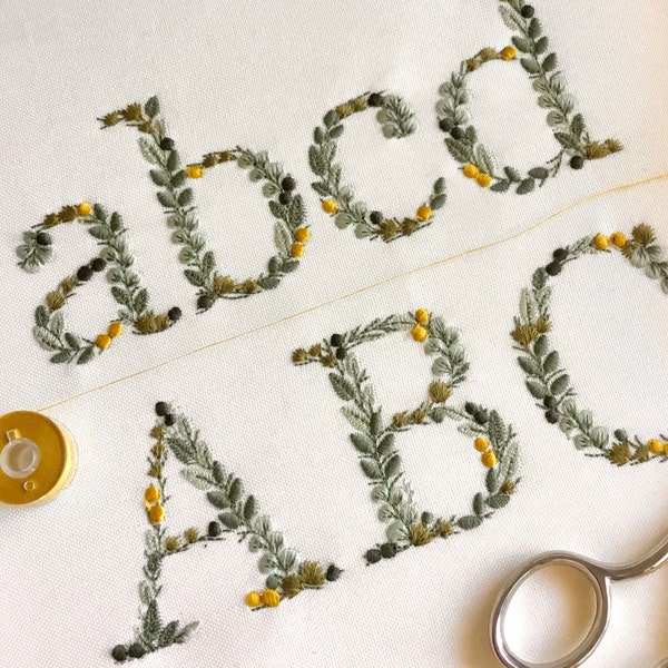 Machine embroidery Alphabet Small Letters leaves and berries 2"/51 mm tall UPPER and LOWERCASE monogram botanical Broderie Stickdatei Ricamo