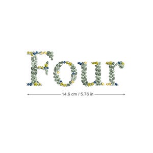 Desenho de bordado à máquina "Quatro" em letras botânicas 14,6 cm/5,76" Folhas delicadas Heirloom Stickdatei Broderie machine Ricamo macchina