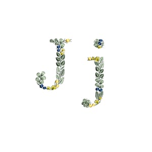 Desenho de bordado à máquina Letra pequena J com folhas Monograma botânico delicado Buchstaben Stickdatei Ricamo lettera foglie Broderie feuilles