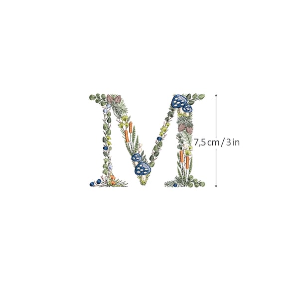 Machine embroidery LETTER M Uppercase 3"/7,5 cm Forest Font- Woodland Leaves, Mushroom, Cattail and Pine cones Ricamo Broderie Stickdatei