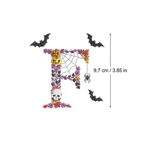 Machine embroidery Halloween Letter F bats and skulls 4x4 hoop botanical Autumn Spooky Fall pumpkin candle Ricamo Broderie Stickdatei