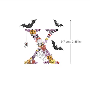 Machine embroidery Halloween Letter X bats and skulls 4x4 hoop botanical Autumn Spooky Fall pumpkin candle Ricamo Broderie Stickdatei