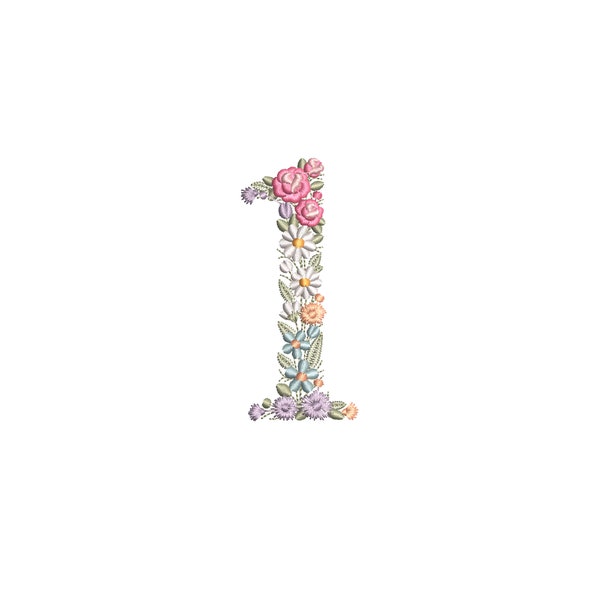 Machine embroidery 4X4 hoop NUMBER 1 Dainty floral spring Birthday heirloom Nummer Stickdatei Ricamo macchina numero Broderie nombre 1