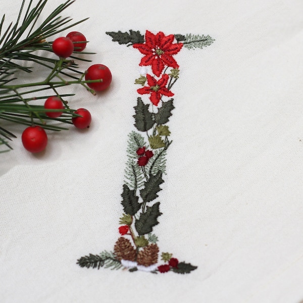 Machine embroidery Christmas Letter I 4x4 hoop Xmas Festive Monogram Broderie Noël Weihnachten Stickdatei Ricamo Natale Poinsettia Pine cone