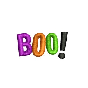 May include: A colorful embroidered patch with the word "BOO!" in purple, orange, and green letters.