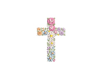 Floral cross machine embroidery design 4"/100mm Baptism Easter Ostern Kreuz Stickdatei Broderie Croix de fleurs Pâques Ricamo croce di fiori