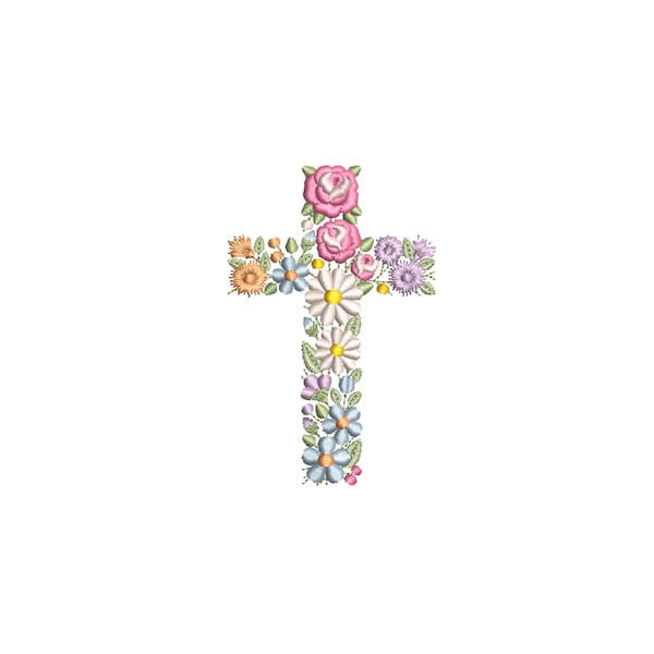 Floral cross machine embroidery design 4"/100mm Baptism Easter Ostern Kreuz Stickdatei Broderie Croix de fleurs Pâques Ricamo croce di fiori