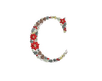 Machine embroidery Christmas Letter C 4x4 hoop Xmas Festive Monogram Broderie Noël Weihnachten Stickdatei Ricamo Natale Poinsettia Pine cone