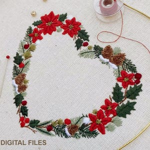 Xmas Heart Machine embroidery design 10 cm /4X4 hoop Christmas  Broderie Noël Weihnachten Herz Stickdatei Ricamo Natale Poinsettia Pine cone