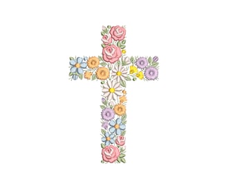 Floral cross machine embroidery design 6"/150mm Baptism Easter Ostern Kreuz Stickdatei Broderie Croix de fleurs Pâques Ricamo croce di fiori